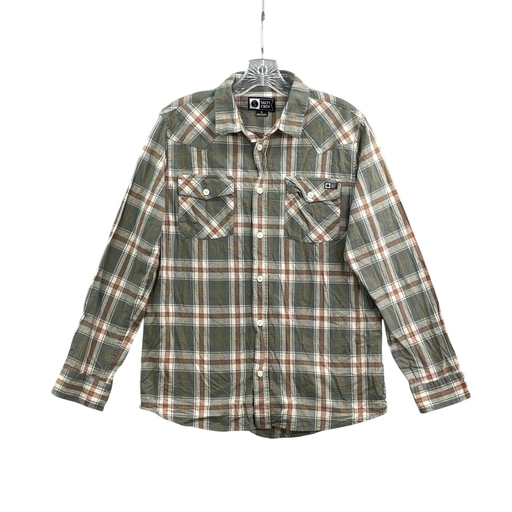Salty Crew Flannel Shirt Mens Small Green Plaid Western Skate Academia Travel